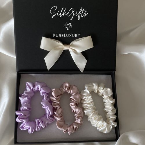 Silk-Scrunchies-Lilac-Dusty-Pink-White-in-gift-box.